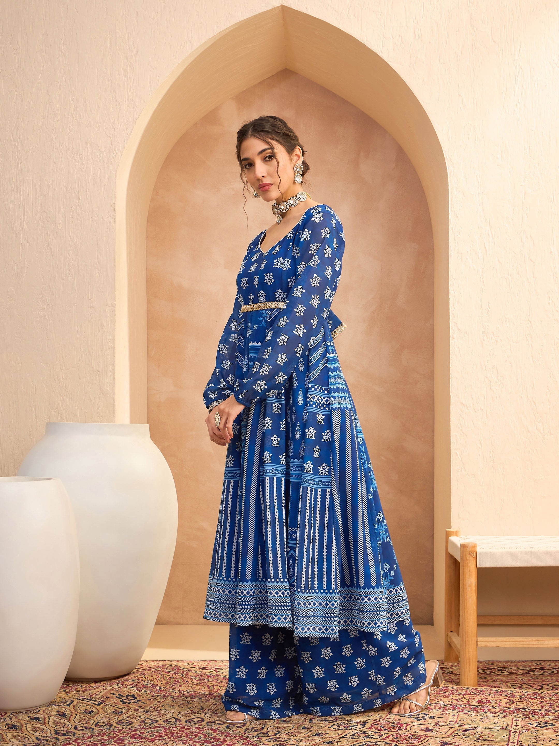 Women Blue Floral Sweetheart Neck Anarkali Kurta With Palazzos-SHSET96180
