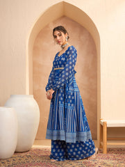 Women Blue Floral Sweetheart Neck Anarkali Kurta With Palazzos-SHSET96180