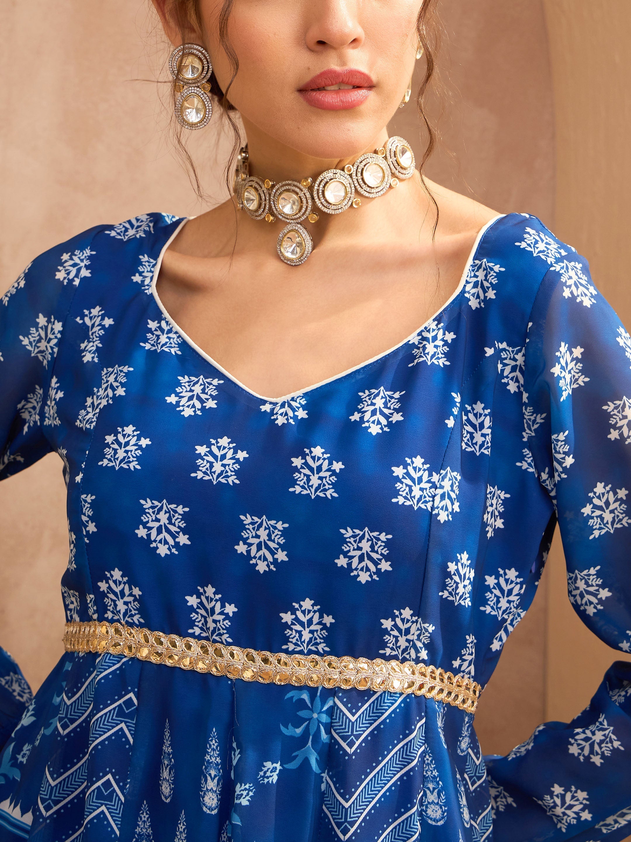 Women Blue Floral Sweetheart Neck Anarkali Kurta With Palazzos-SHSET96180
