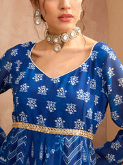 Women Blue Floral Sweetheart Neck Anarkali Kurta With Palazzos-SHSET96180