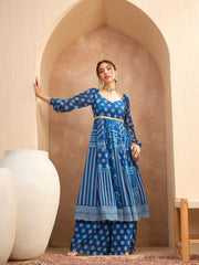 Women Blue Floral Sweetheart Neck Anarkali Kurta With Palazzos-SHSET96180