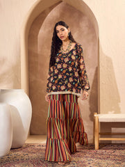 Women Black Floral Short Kurta With Tiered Sharara-SHSET96181