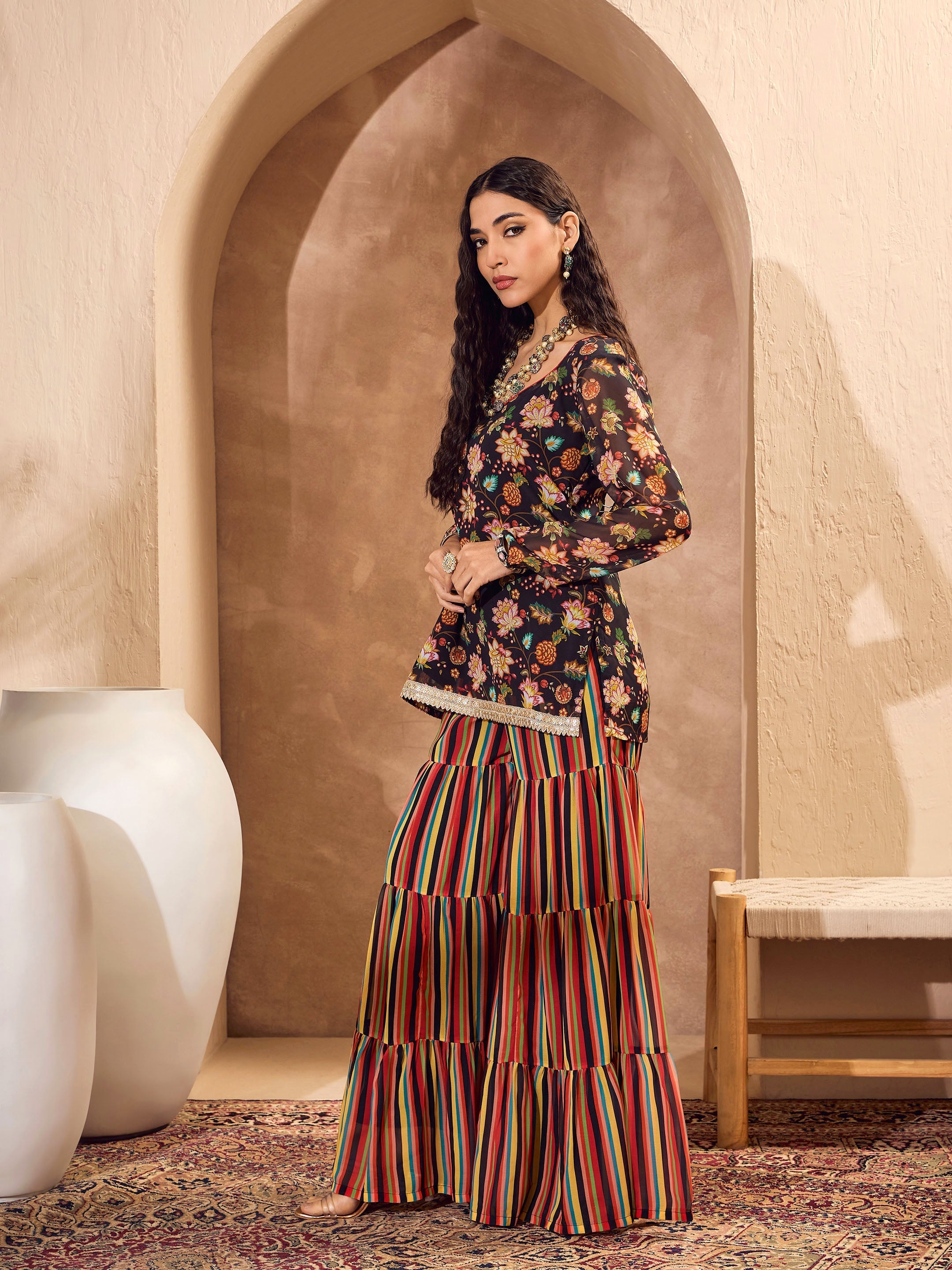 Women Black Floral Short Kurta With Tiered Sharara-SHSET96181