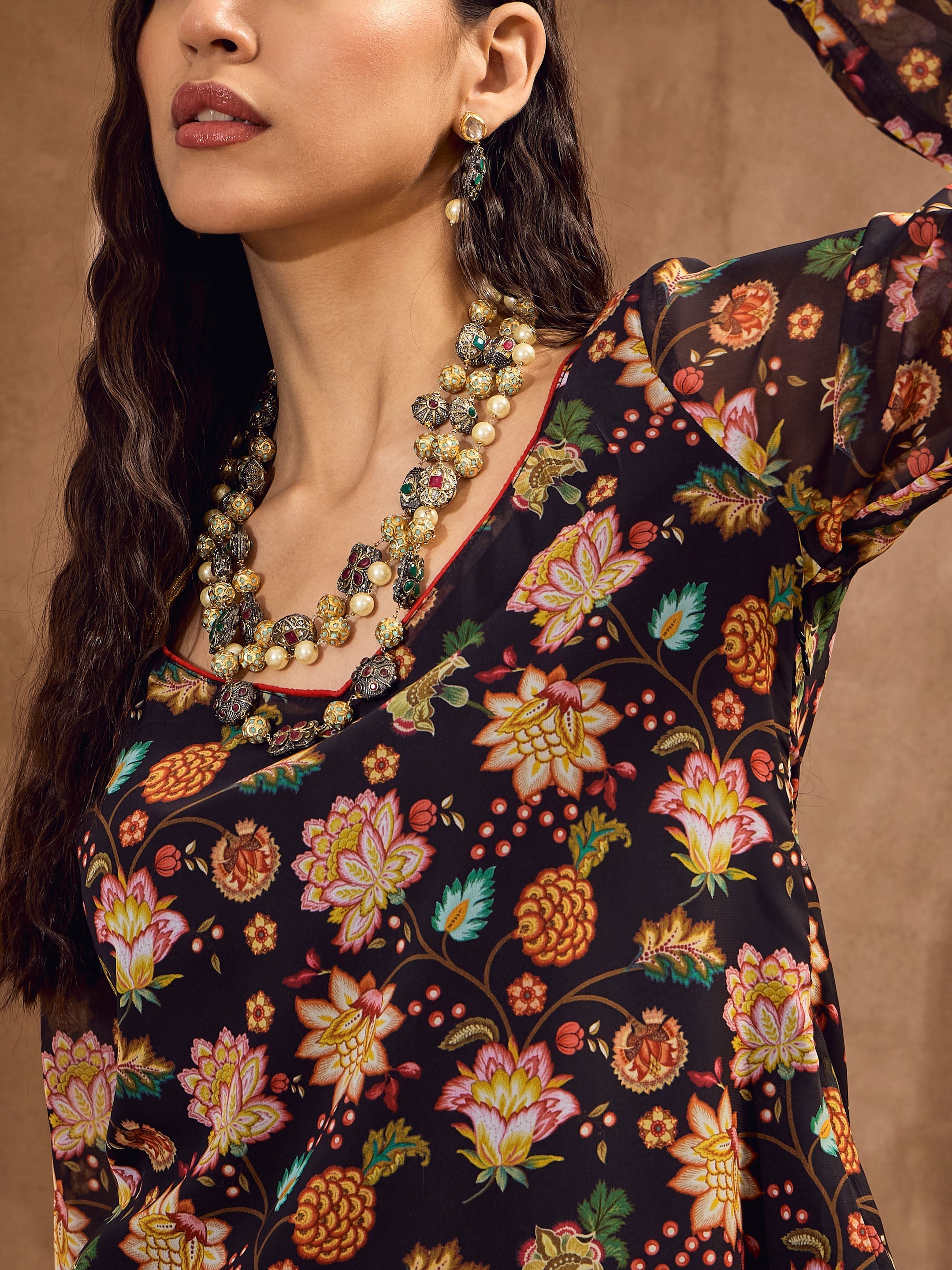 Women Black Floral Short Kurta With Tiered Sharara-SHSET96181