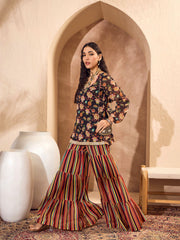 Women Black Floral Short Kurta With Tiered Sharara-SHSET96181
