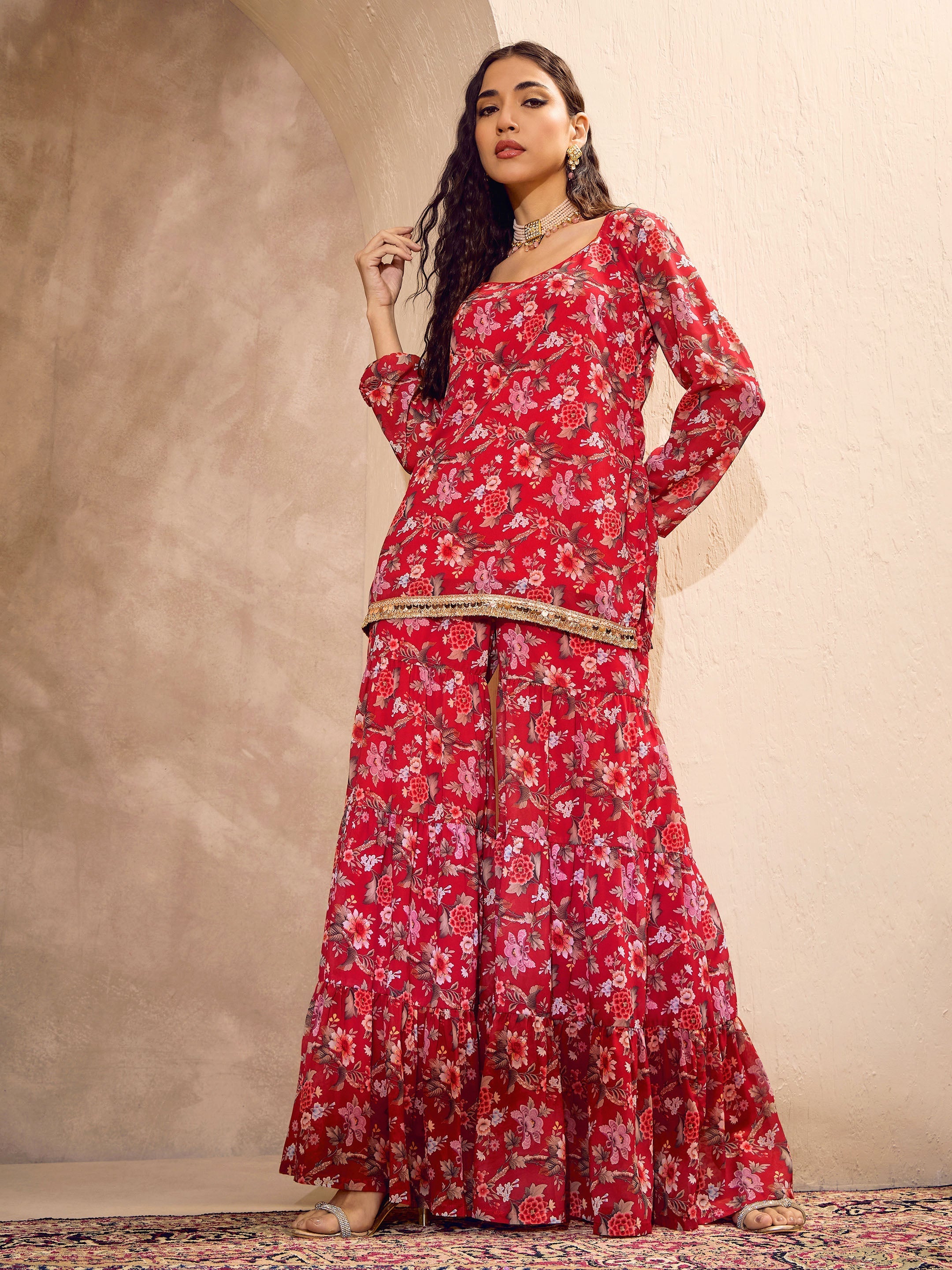 Women Red Floral Short Kurta With Tiered Sharara-SHSET96182