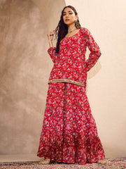Women Red Floral Short Kurta With Tiered Sharara-SHSET96182