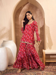 Women Red Floral Short Kurta With Tiered Sharara-SHSET96182