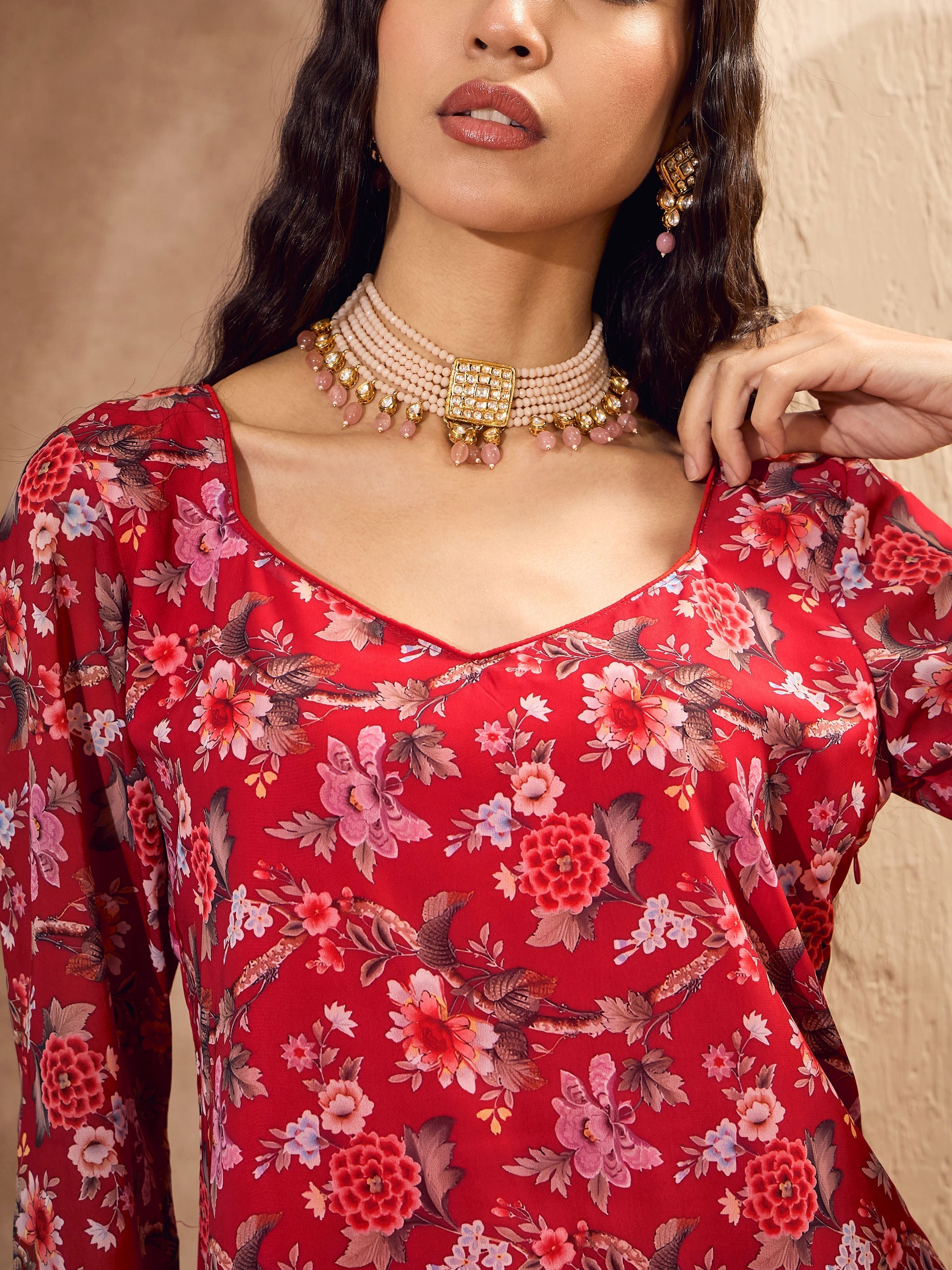 Women Red Floral Short Kurta With Tiered Sharara-SHSET96182