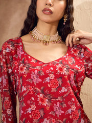 Women Red Floral Short Kurta With Tiered Sharara-SHSET96182