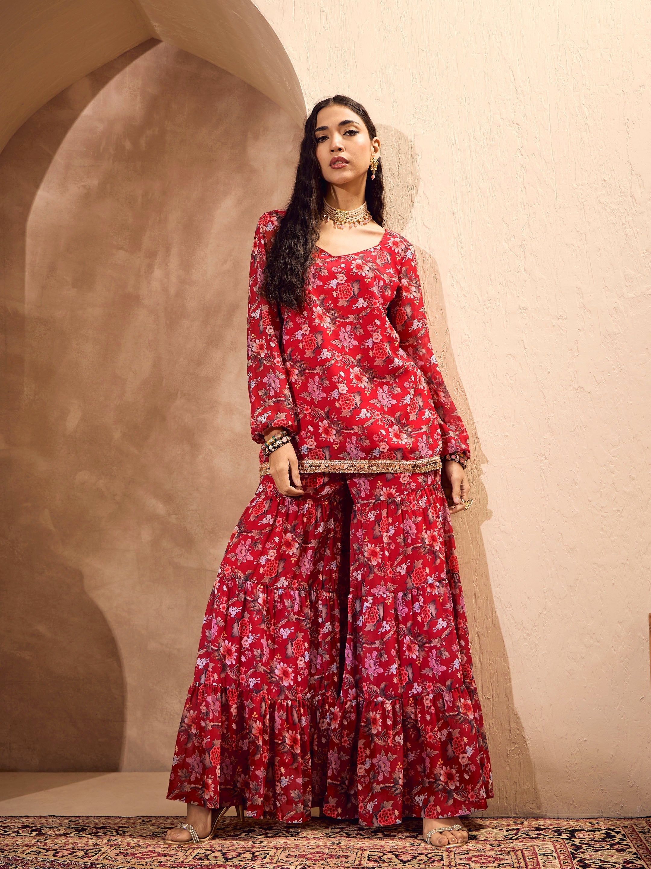 Women Red Floral Short Kurta With Tiered Sharara-SHSET96182