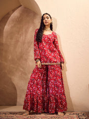 Women Red Floral Short Kurta With Tiered Sharara-SHSET96182