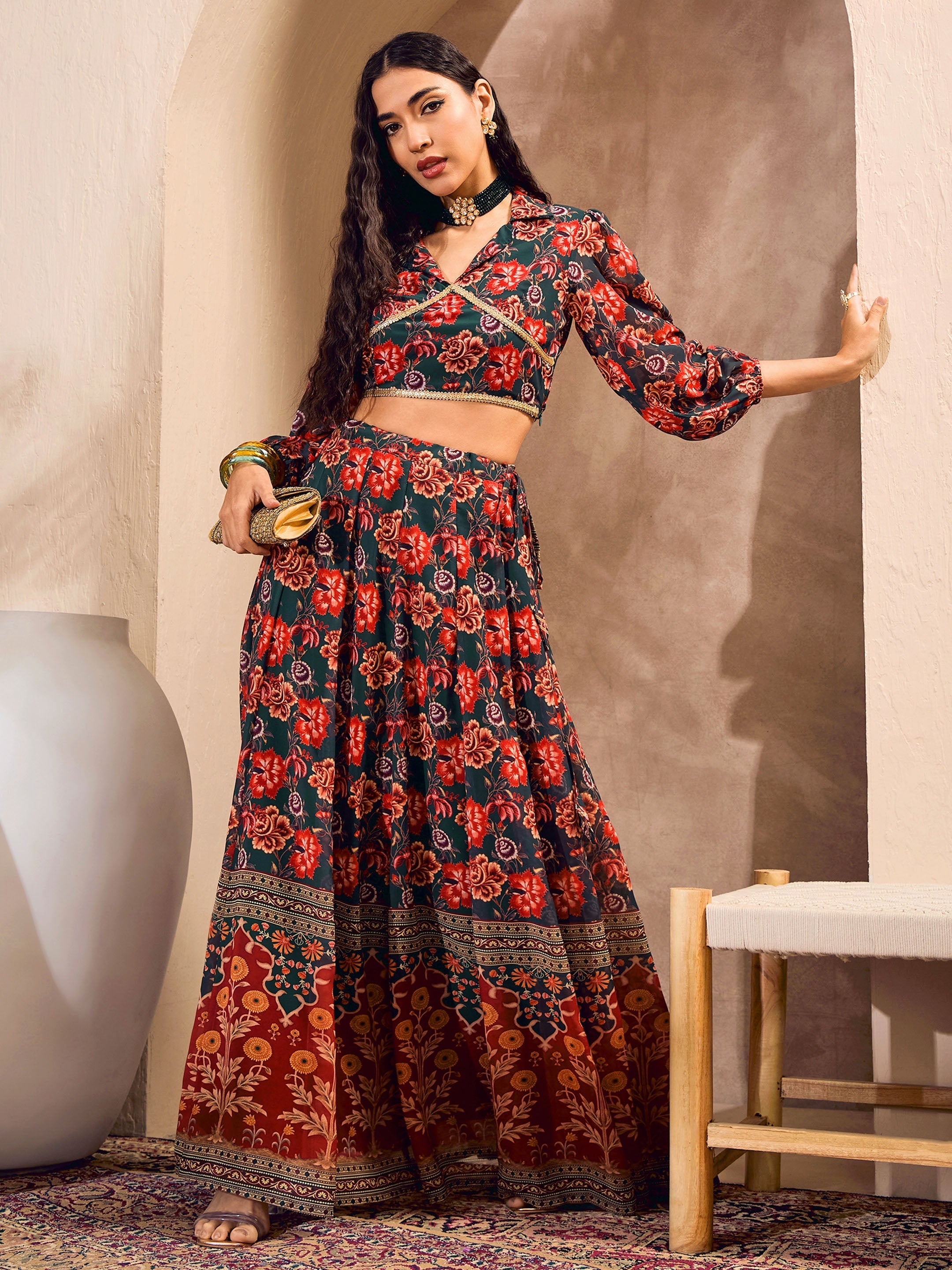 Women Green Floral Collar Crop Top With Anarkali Skirt-SHSET96184