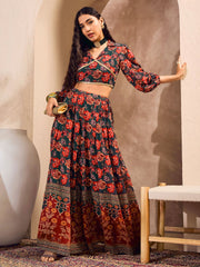 Women Green Floral Collar Crop Top With Anarkali Skirt-SHSET96184