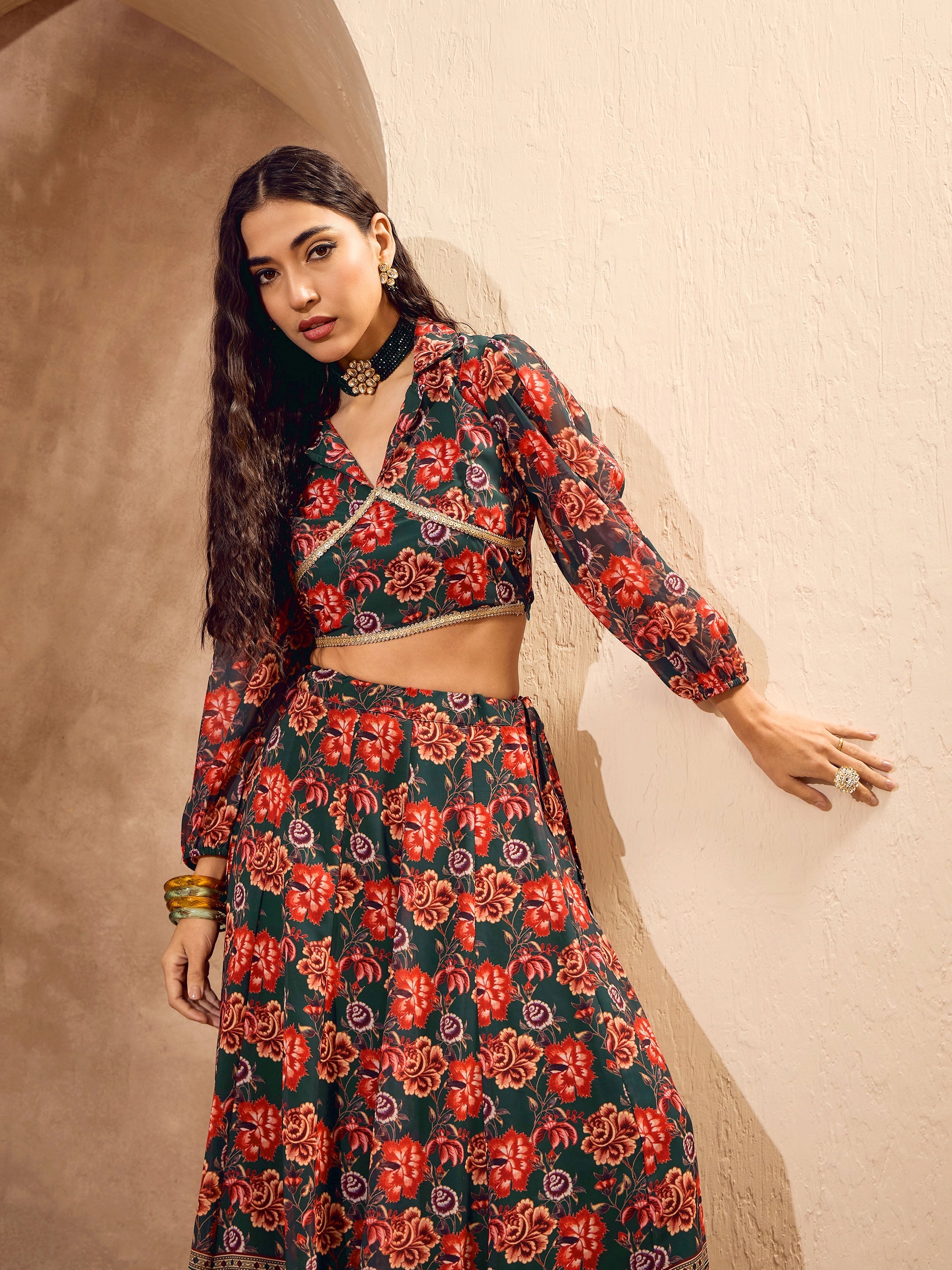 Women Green Floral Collar Crop Top With Anarkali Skirt-SHSET96184