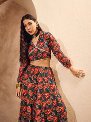 Women Green Floral Collar Crop Top With Anarkali Skirt-SHSET96184