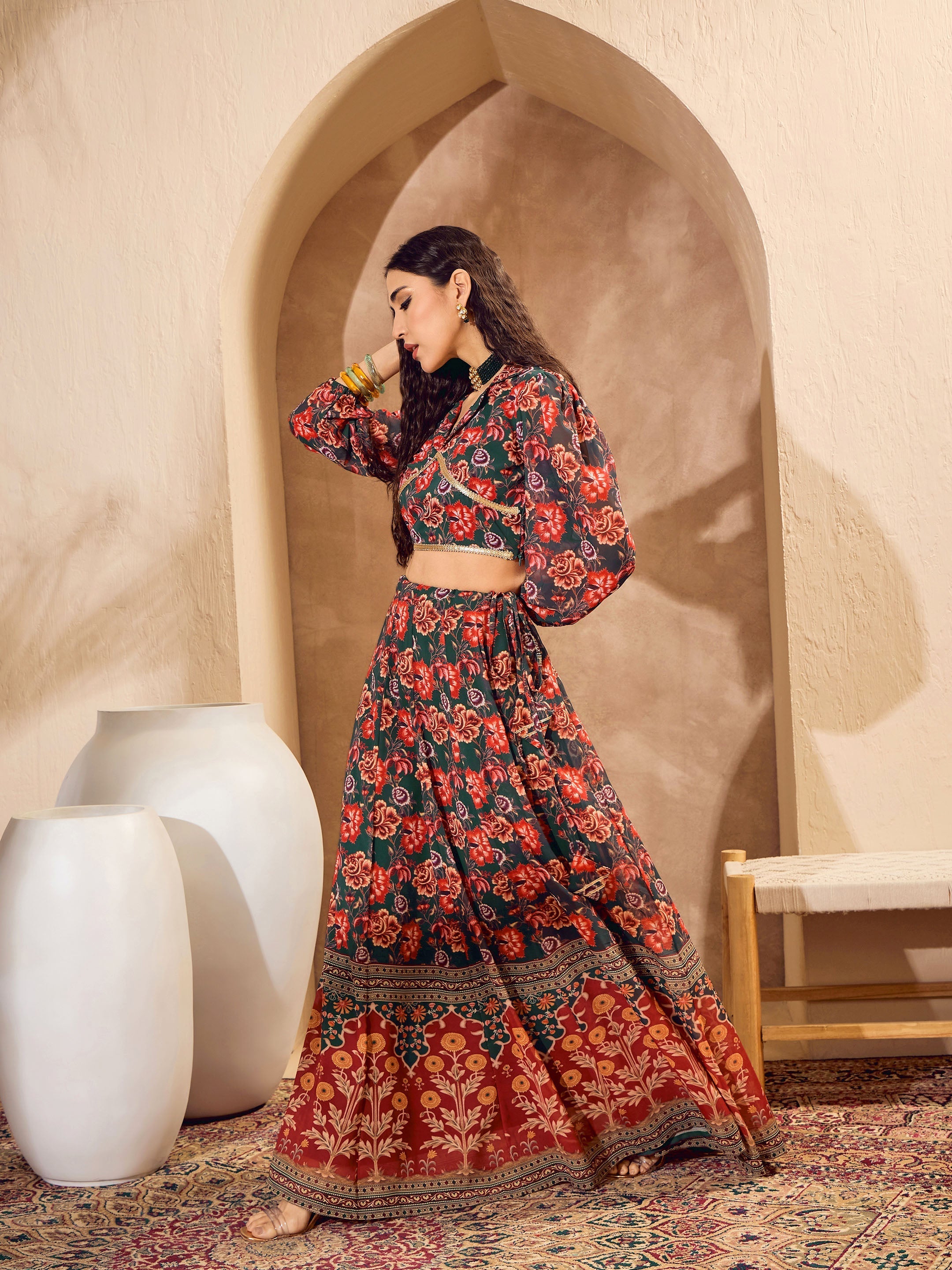 Women Green Floral Collar Crop Top With Anarkali Skirt-SHSET96184