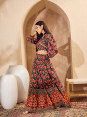 Women Green Floral Collar Crop Top With Anarkali Skirt-SHSET96184