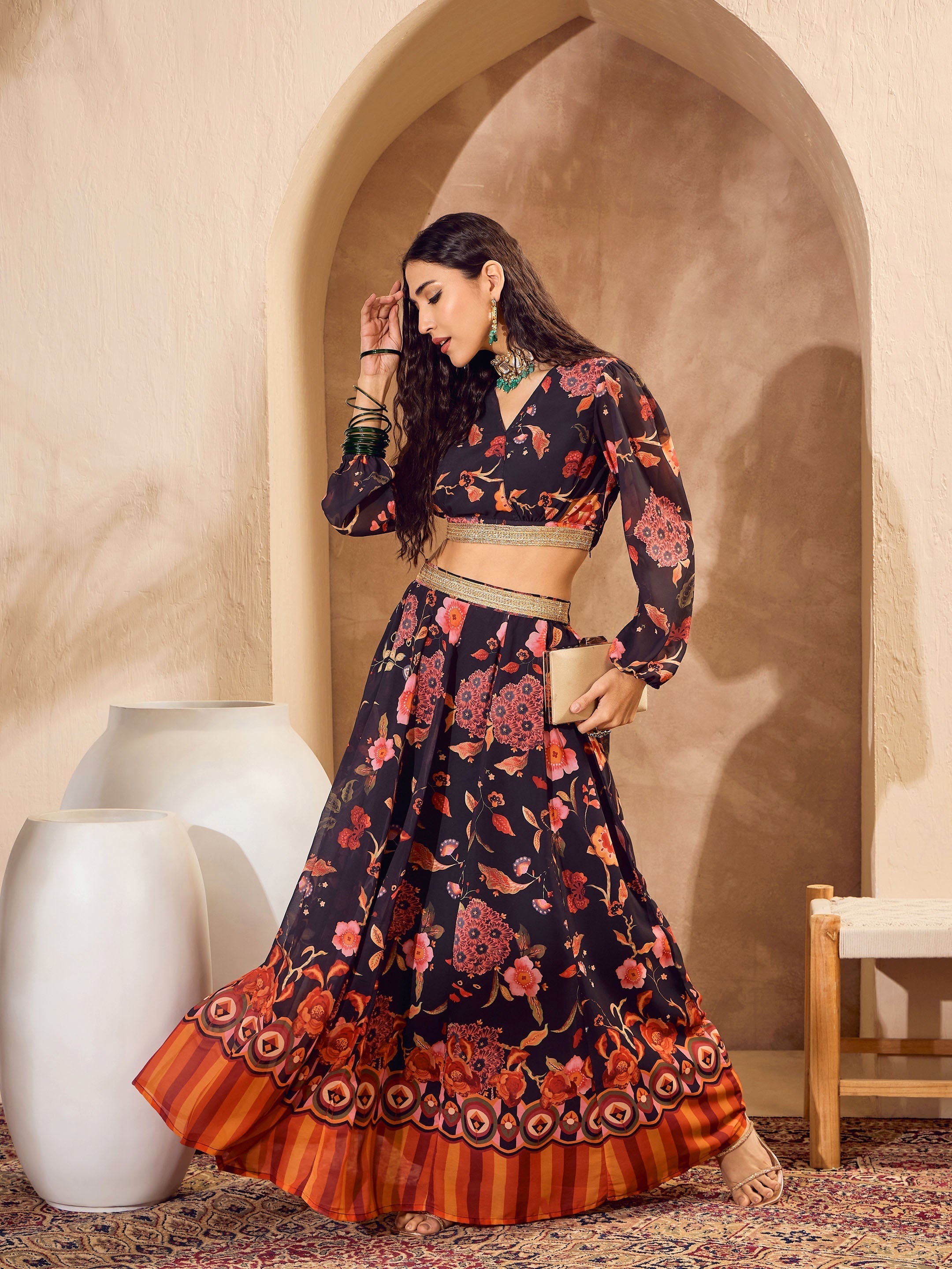Women Black Floral Wrap Crop Top With Anarkali Skirt-SHSET96186