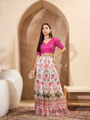 Women Pink Sequins Crop Top With Floral Anarkali Skirt-SHSET96187