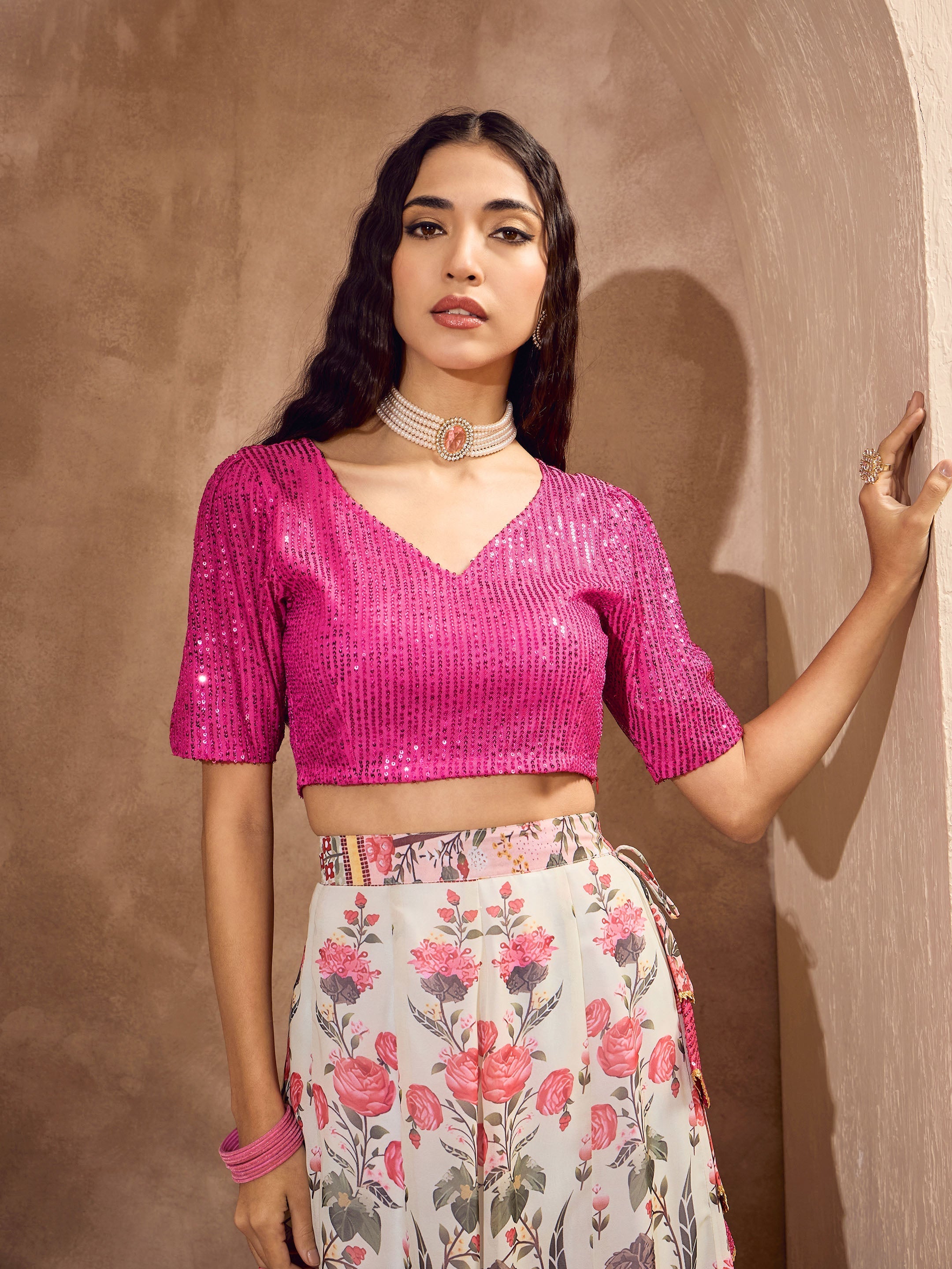 Women Pink Sequins Crop Top With Floral Anarkali Skirt-SHSET96187