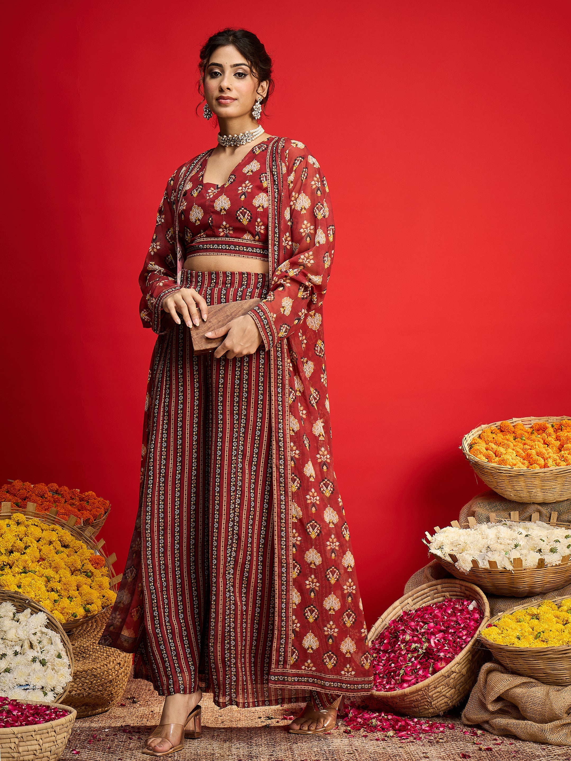 Women Maroon Floral Crop Top With Palazzo Pants & Shrug-SHSET96240