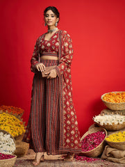 Women Maroon Floral Crop Top With Palazzo Pants & Shrug-SHSET96240