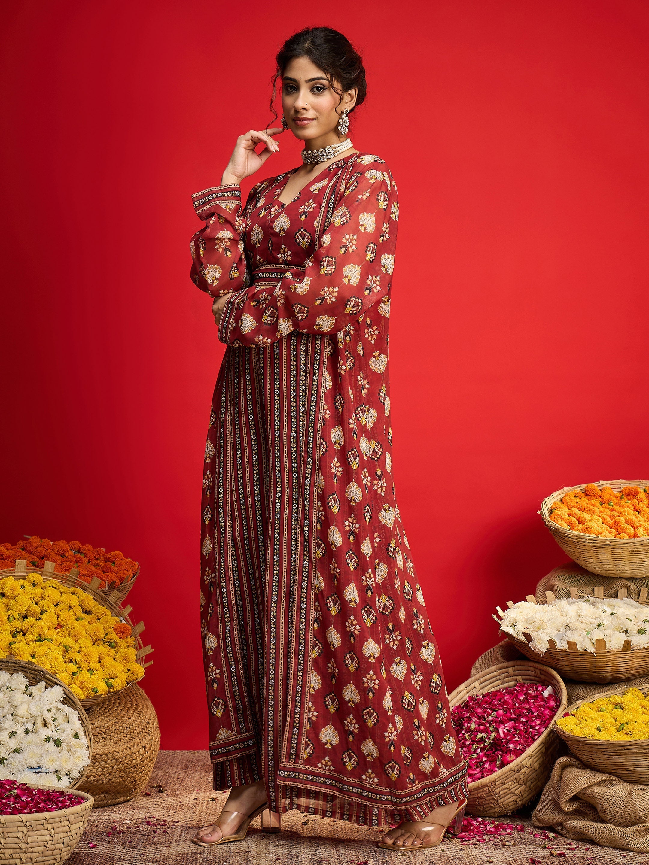 Women Maroon Floral Crop Top With Palazzo Pants & Shrug-SHSET96240