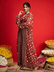 Women Maroon Floral Crop Top With Palazzo Pants & Shrug-SHSET96240