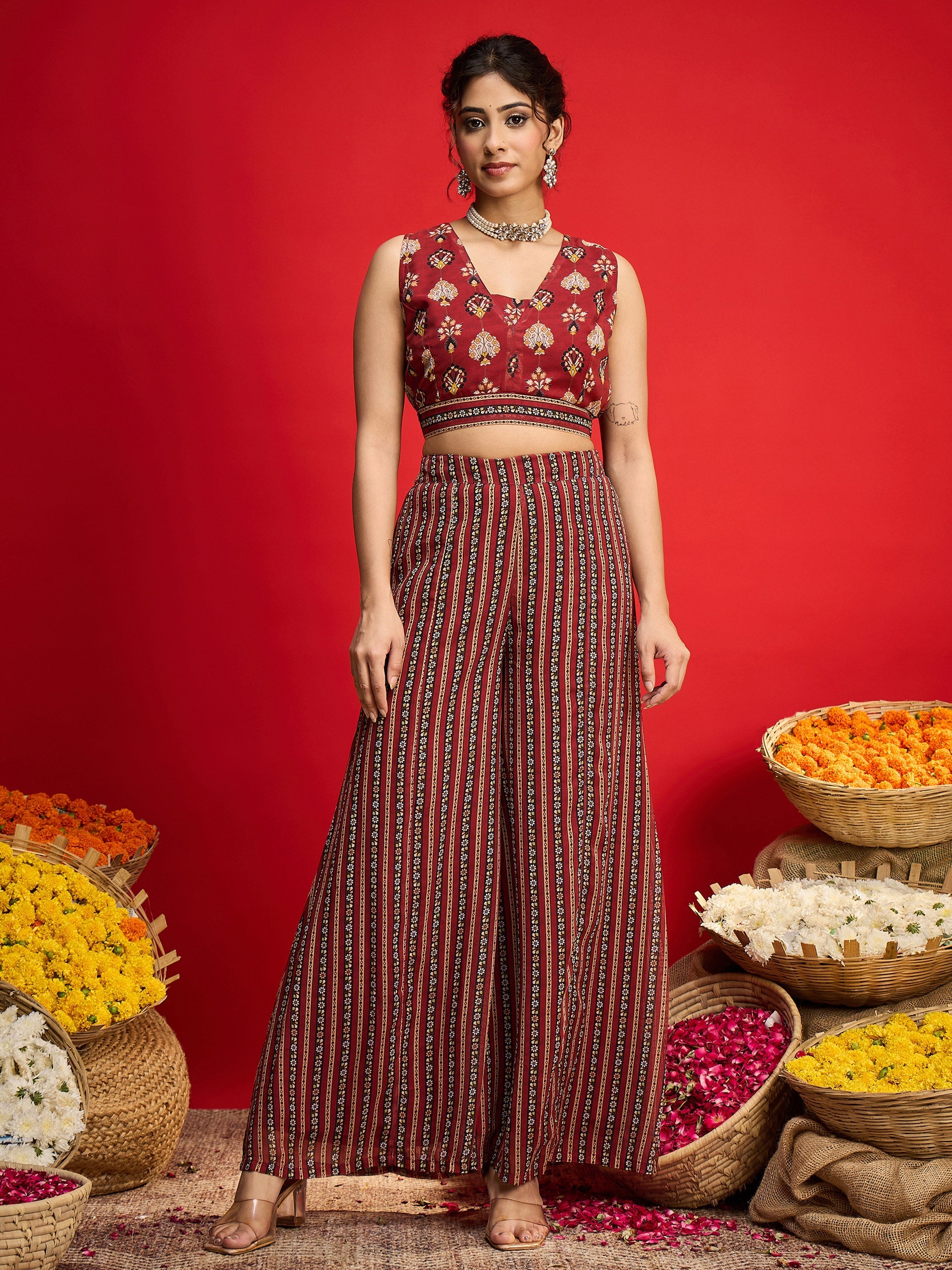 Women Maroon Floral Crop Top With Palazzo Pants & Shrug-SHSET96240