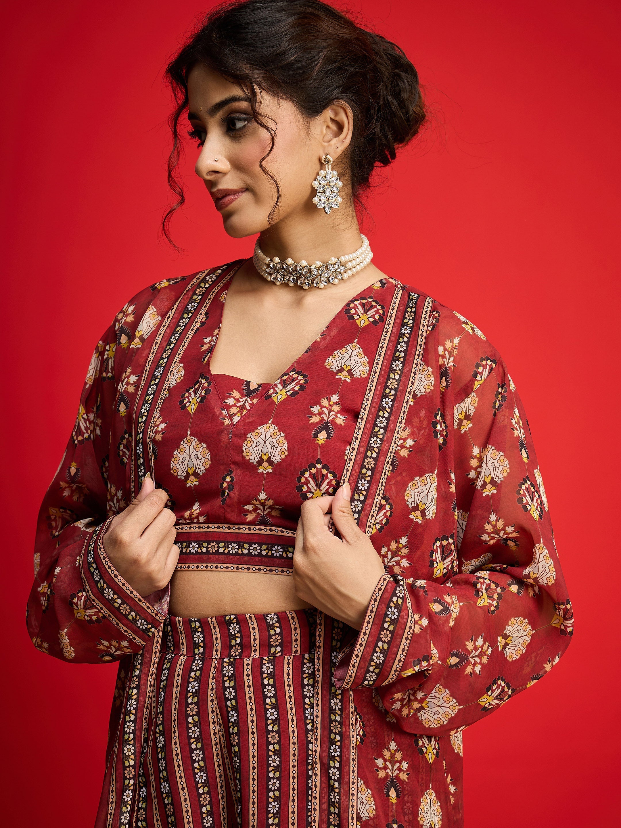 Women Maroon Floral Crop Top With Palazzo Pants & Shrug-SHSET96240