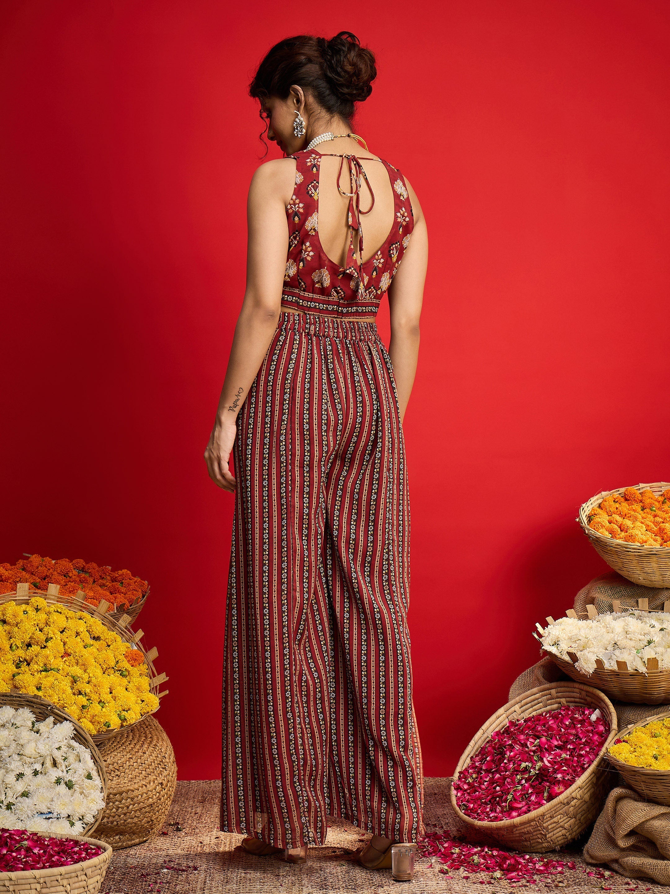 Women Maroon Floral Crop Top With Palazzo Pants & Shrug-SHSET96240