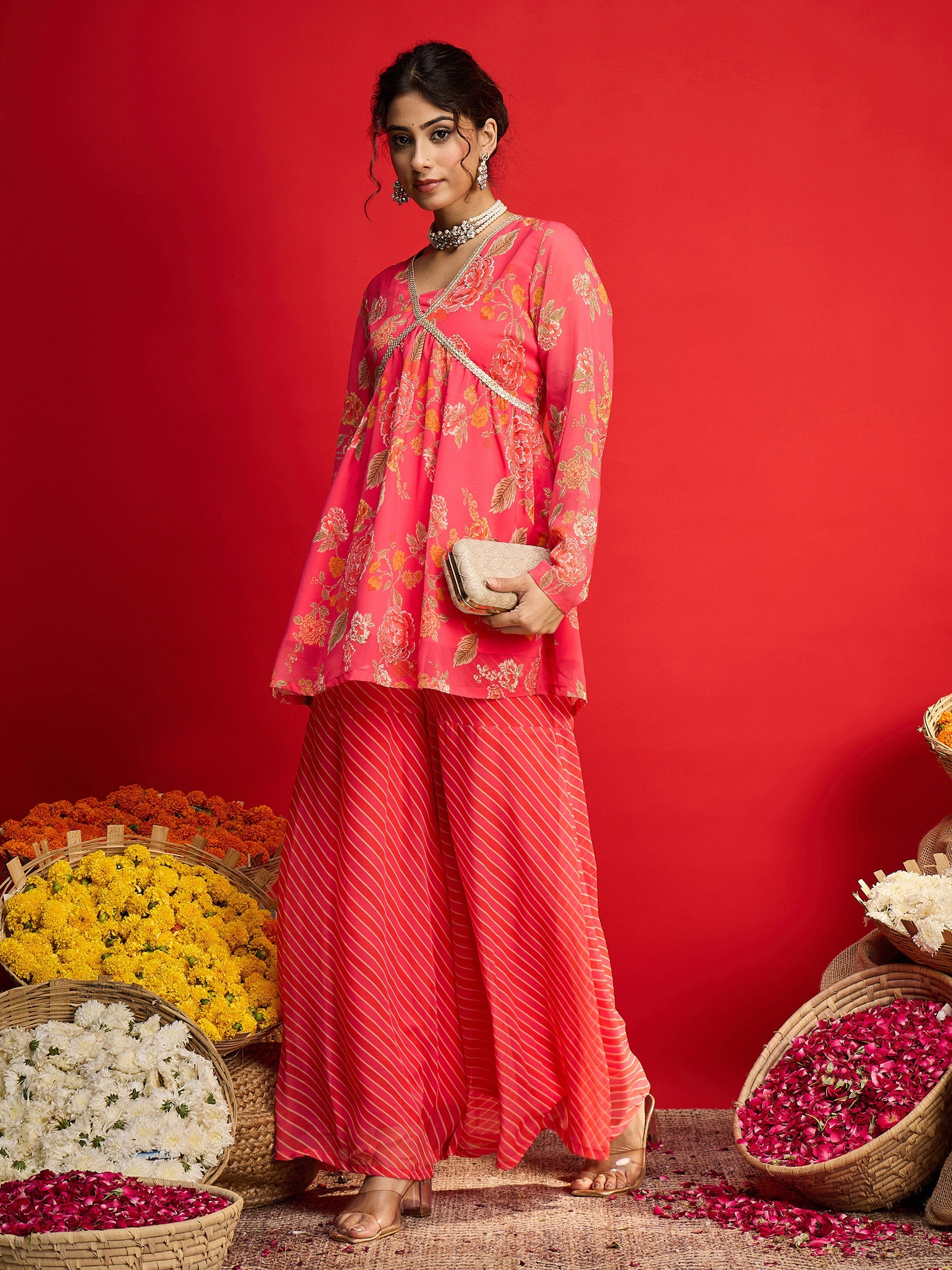 Women Pink Floral V Neck Peplum Top With Sharara Pants-SHSET96242