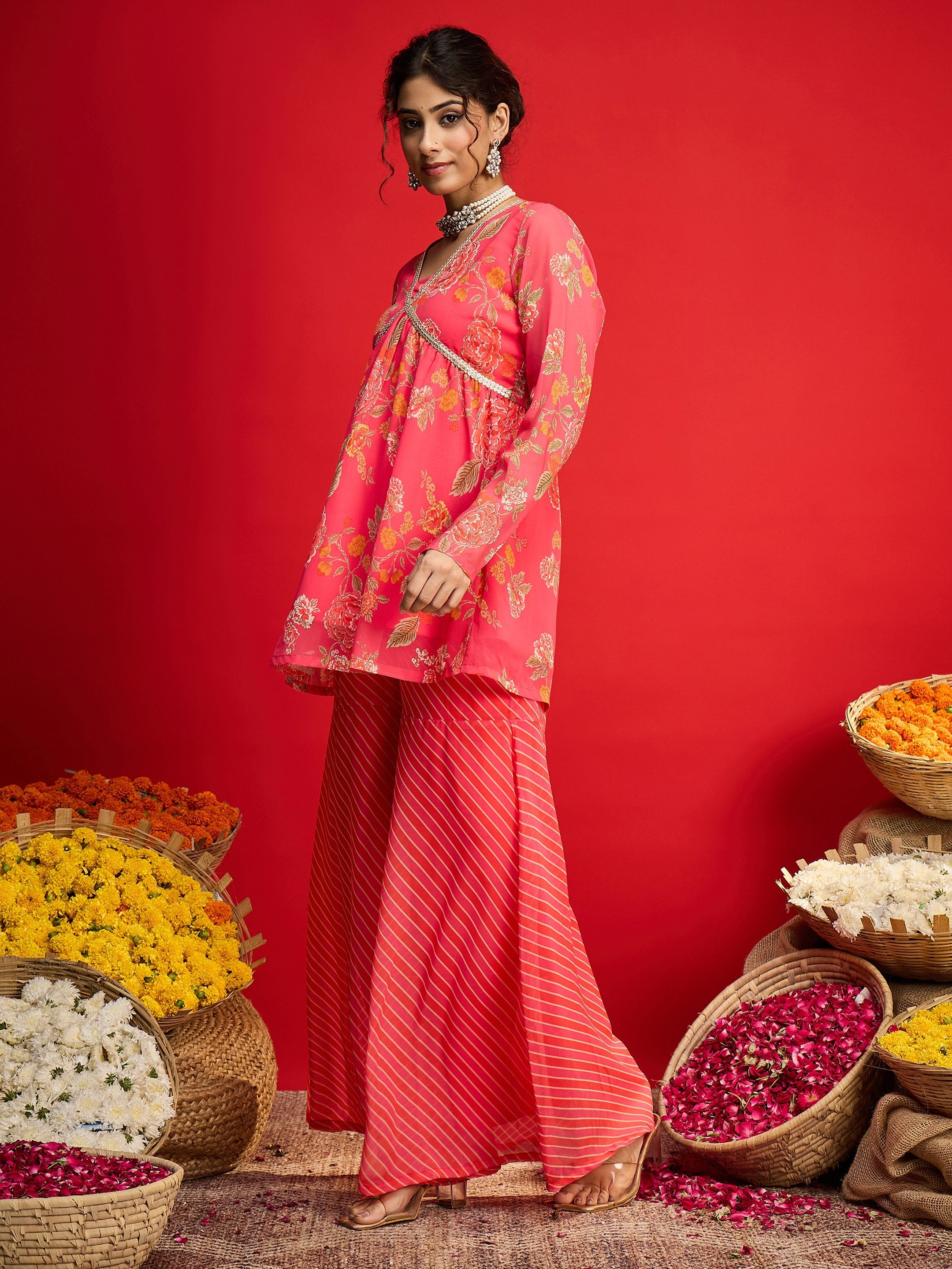 Women Pink Floral V Neck Peplum Top With Sharara Pants-SHSET96242