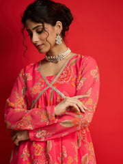 Women Pink Floral V Neck Peplum Top With Sharara Pants-SHSET96242