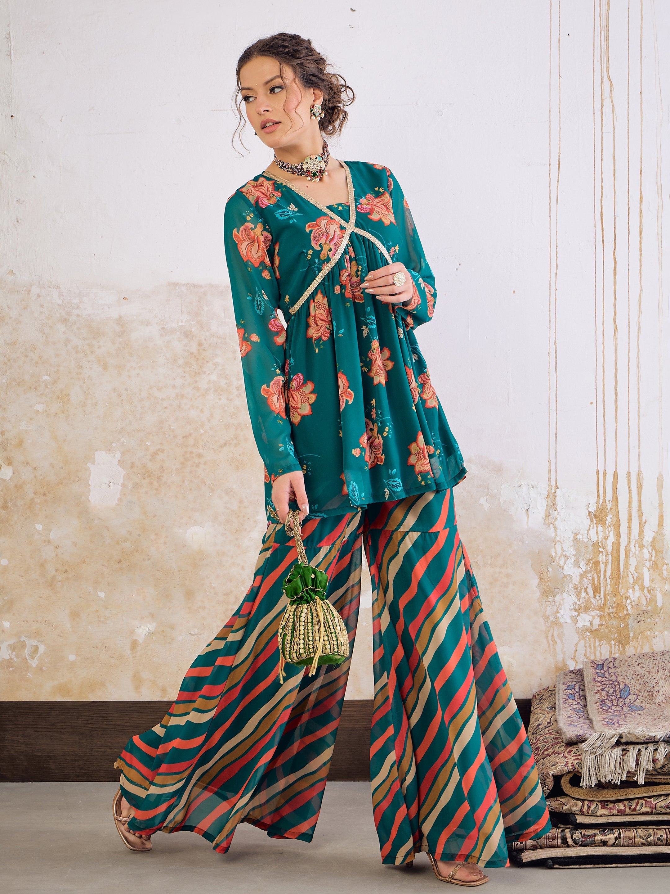 Women Green Floral V Neck Peplum Top With Sharara Pants-SHSET96243