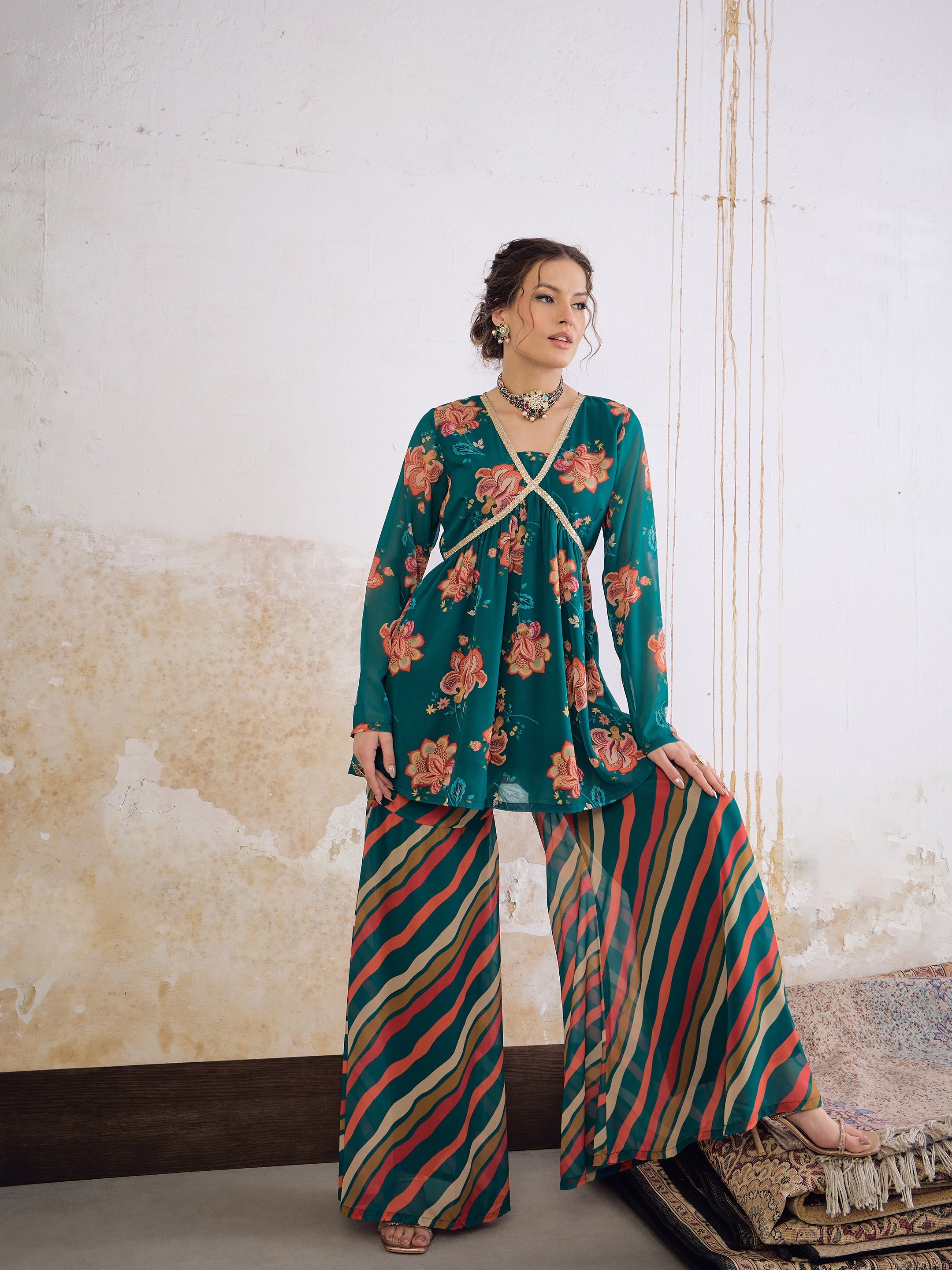 Women Green Floral V Neck Peplum Top With Sharara Pants-SHSET96243