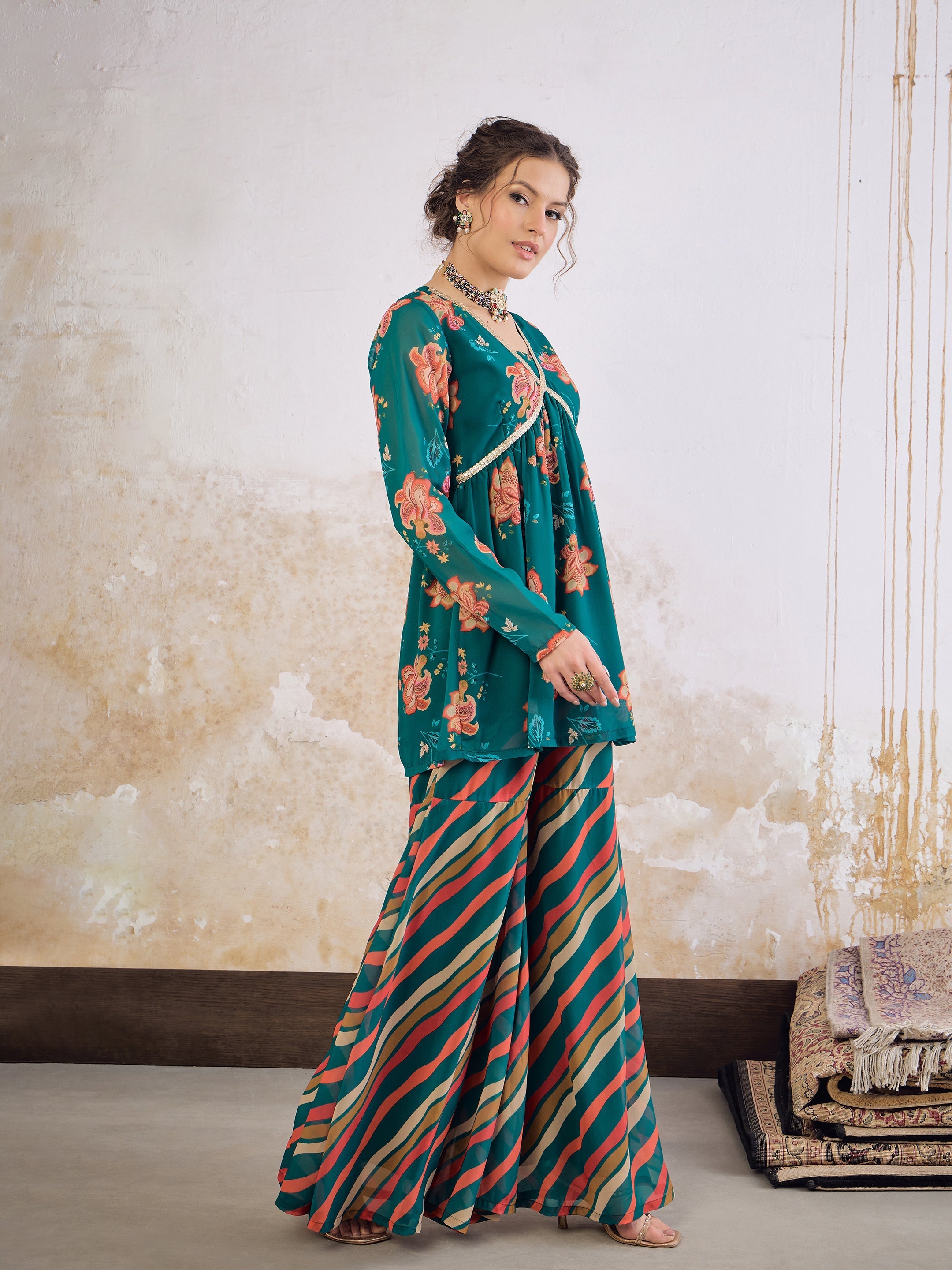 Women Green Floral V Neck Peplum Top With Sharara Pants-SHSET96243