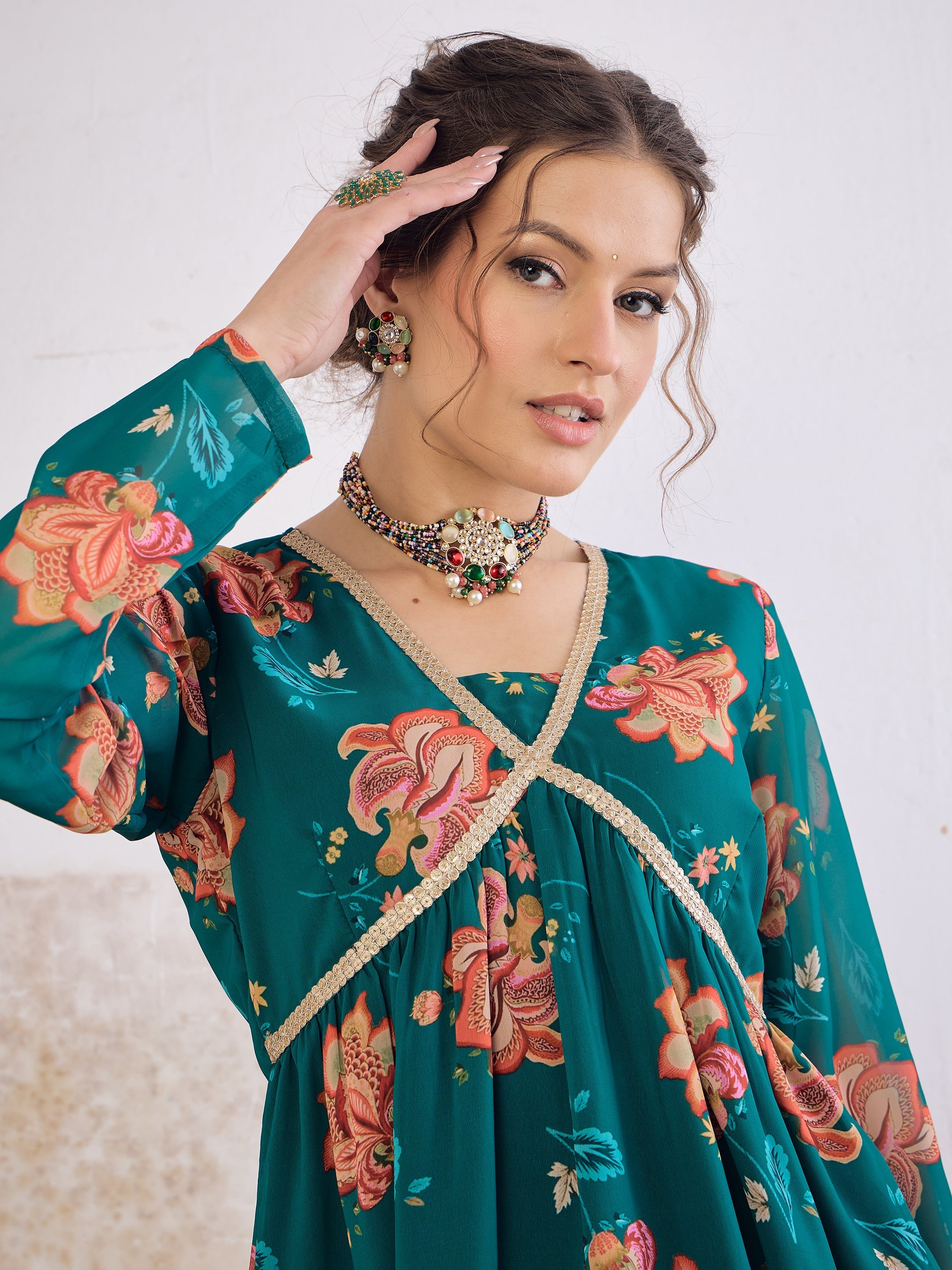 Women Green Floral V Neck Peplum Top With Sharara Pants-SHSET96243