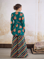 Women Green Floral V Neck Peplum Top With Sharara Pants-SHSET96243