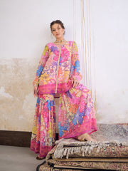 Women Pink Floral Front Placket Top With Sharara Pants-SHSET96246