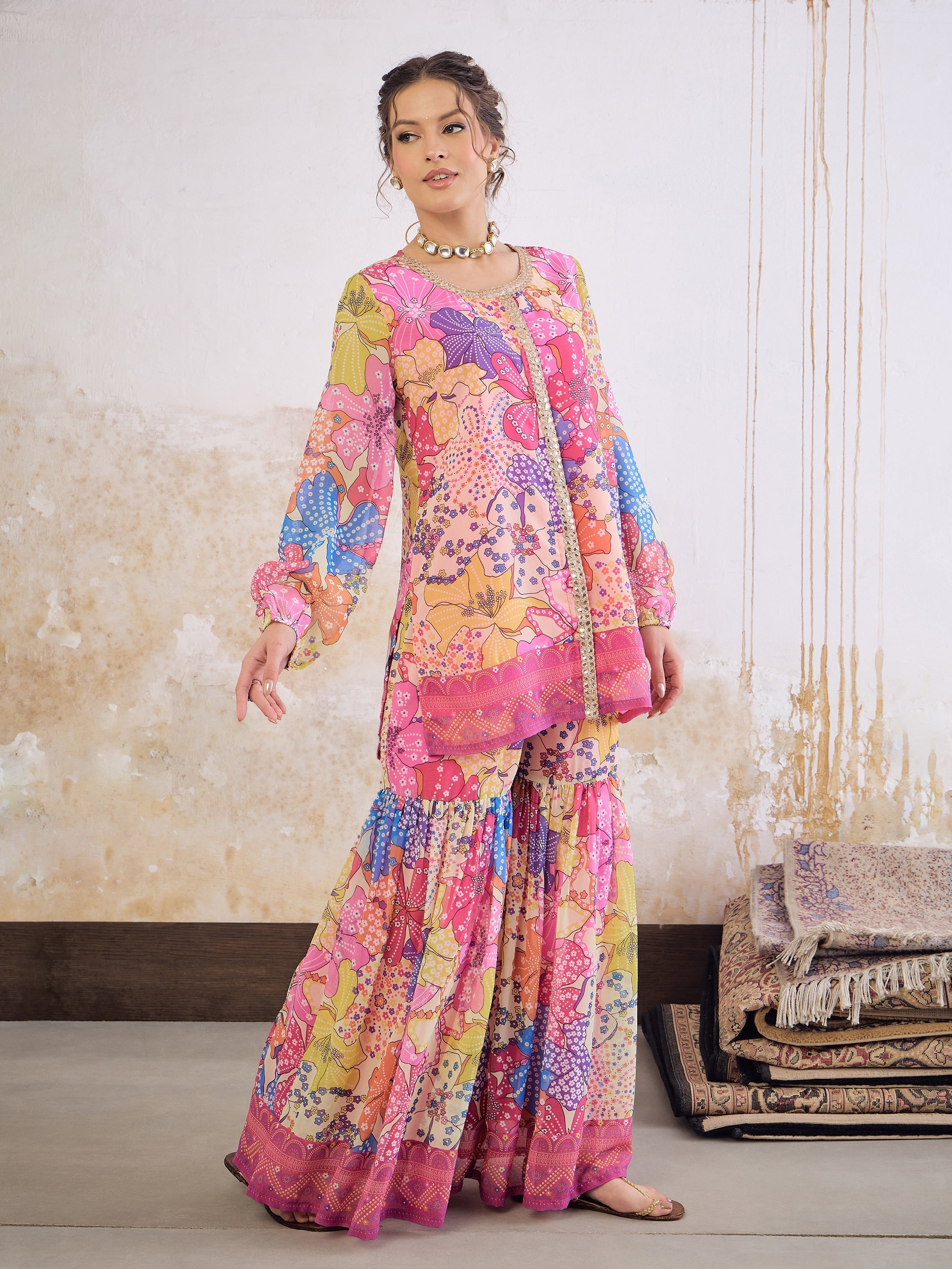 Women Pink Floral Front Placket Top With Sharara Pants-SHSET96246