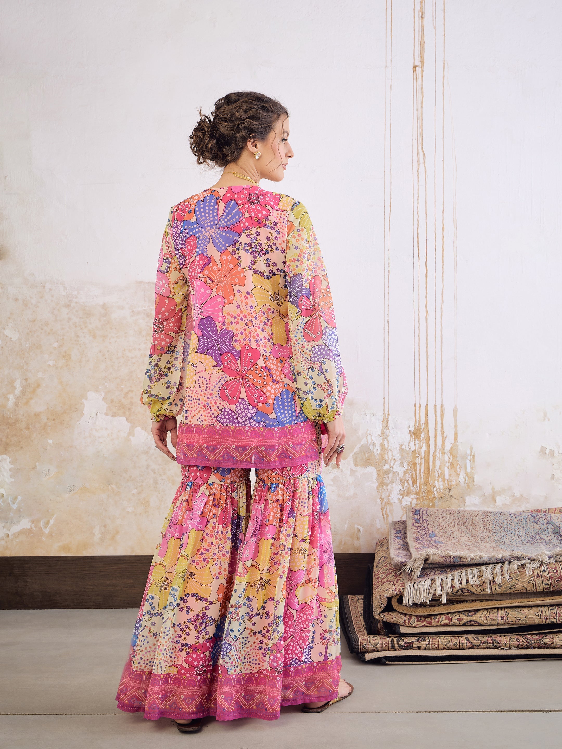 Women Pink Floral Front Placket Top With Sharara Pants-SHSET96246