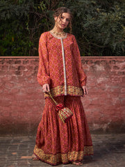 Women Maroon Floral Front Placket Top With Sharara Pants-SHSET96247