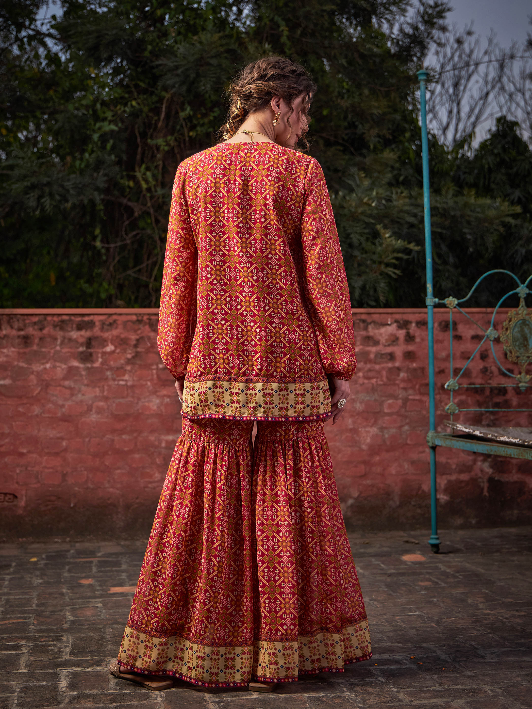 Women Maroon Floral Front Placket Top With Sharara Pants-SHSET96247