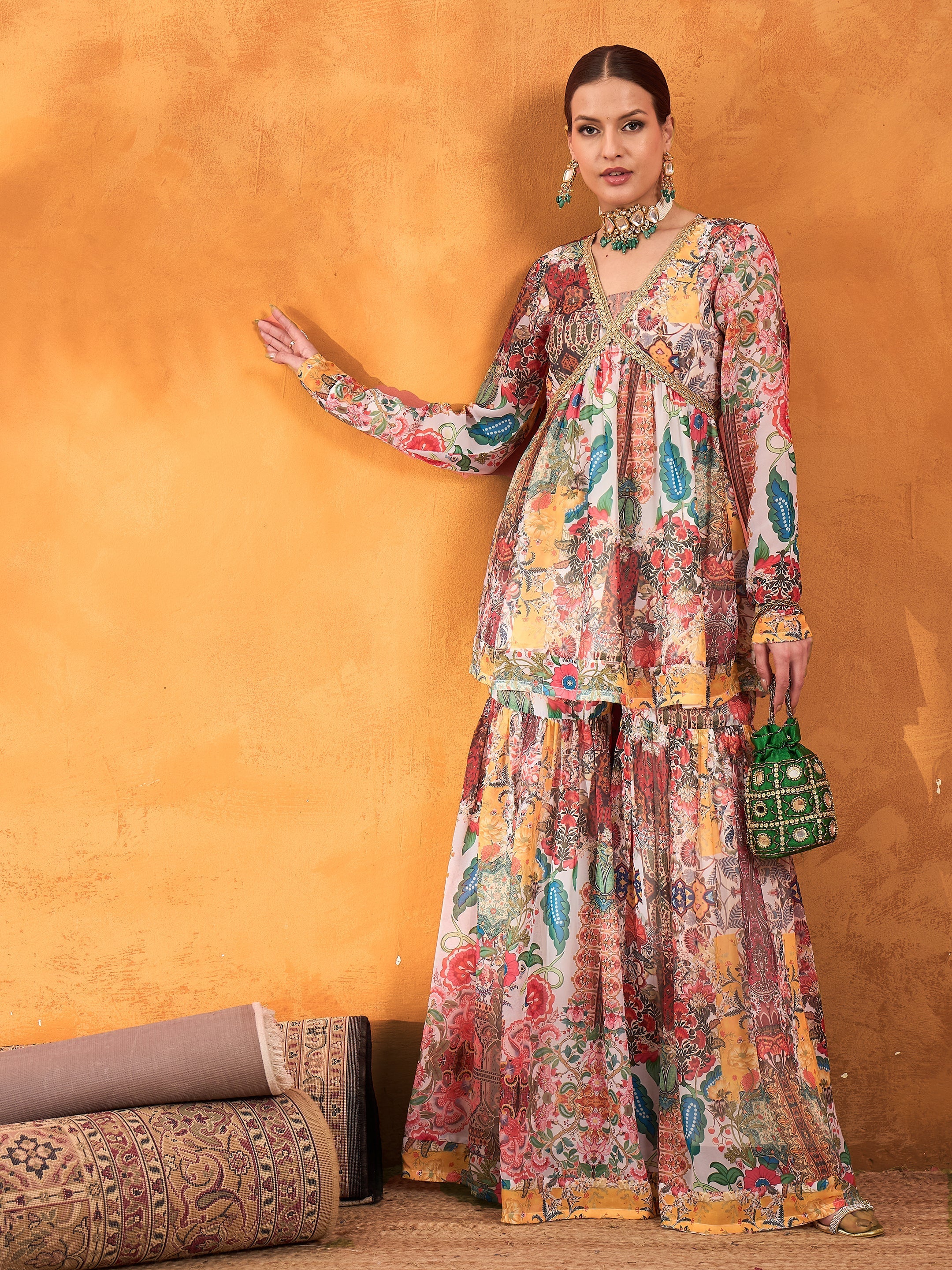 Women White Multi Floral Peplum Top With Sharara Pants-SHSET96248