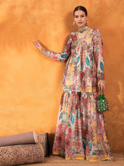 Women White Multi Floral Peplum Top With Sharara Pants-SHSET96248