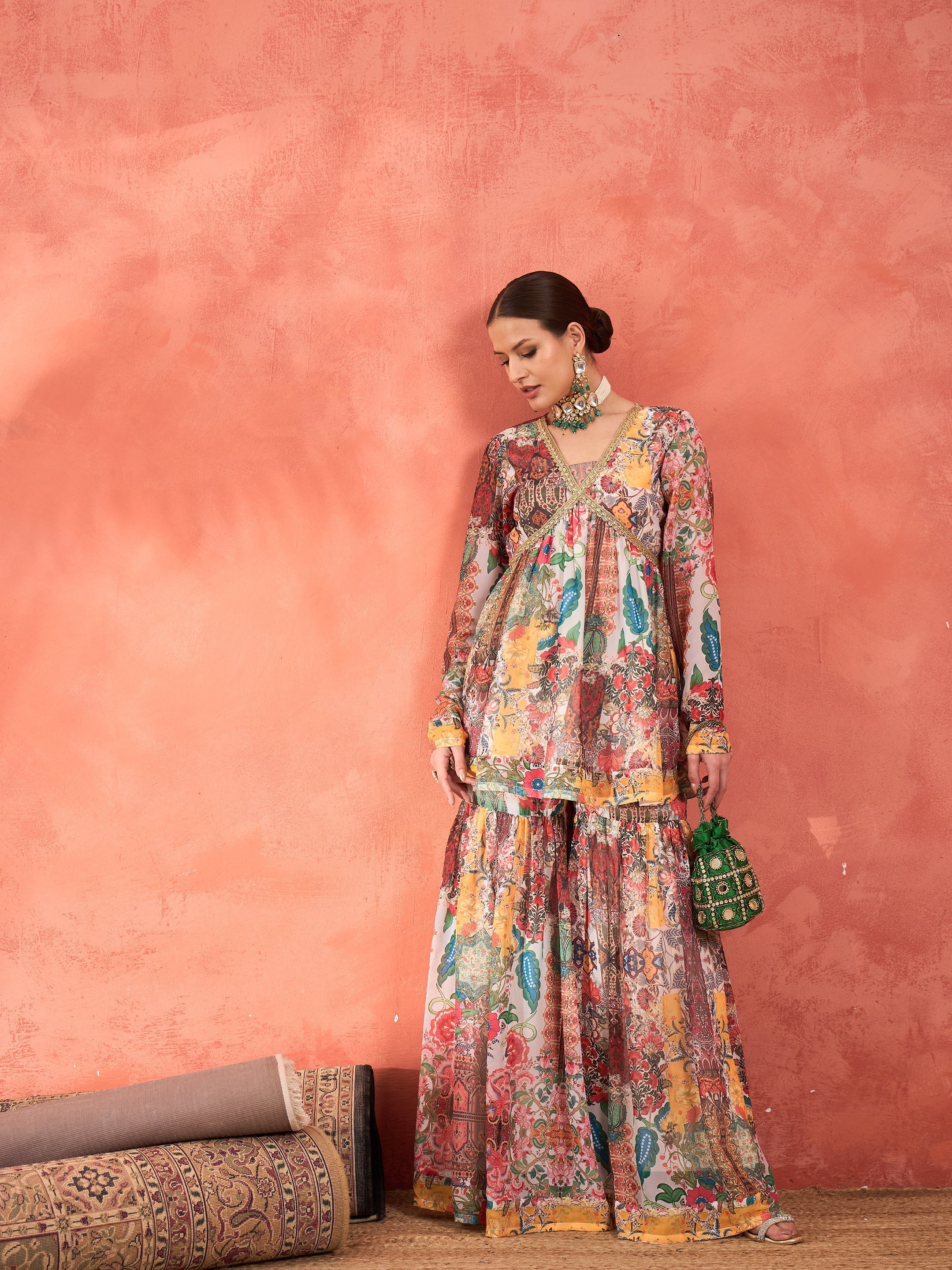 Women White Multi Floral Peplum Top With Sharara Pants-SHSET96248