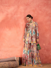 Women White Multi Floral Peplum Top With Sharara Pants-SHSET96248