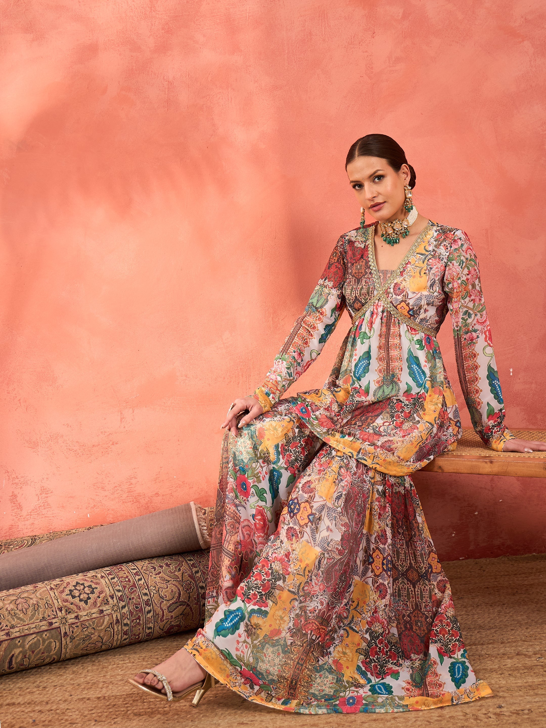 Women White Multi Floral Peplum Top With Sharara Pants-SHSET96248